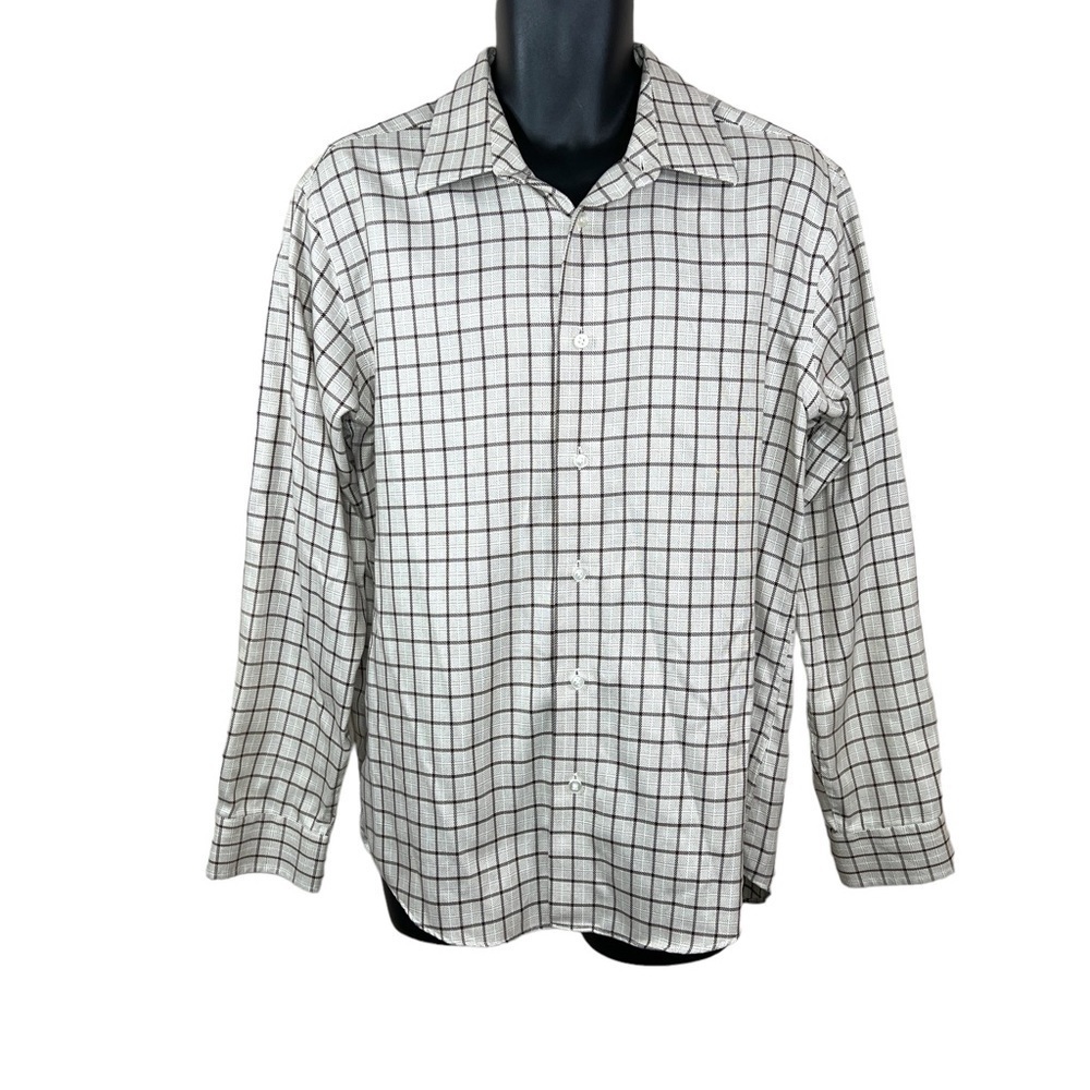 Large Egara Beige Plaid Long Sleeve Button Down Non Iron Cotton